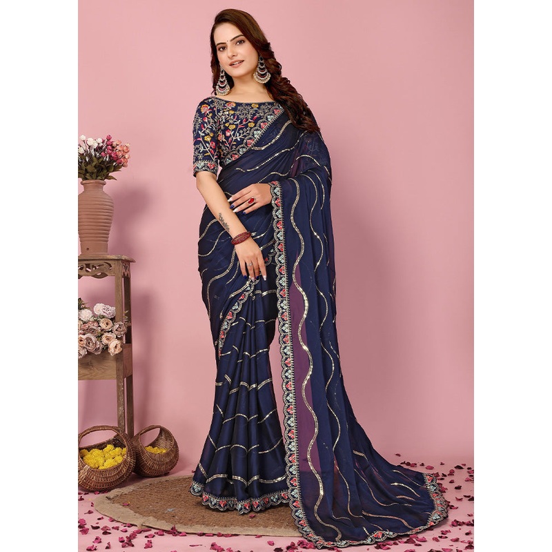 Navy Blue Spun Silk Saree With Blouse Piece - JD986597378