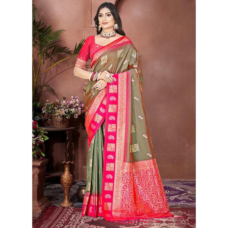 Olive Green Spun Silk Saree With Blouse Piece - JD986597439