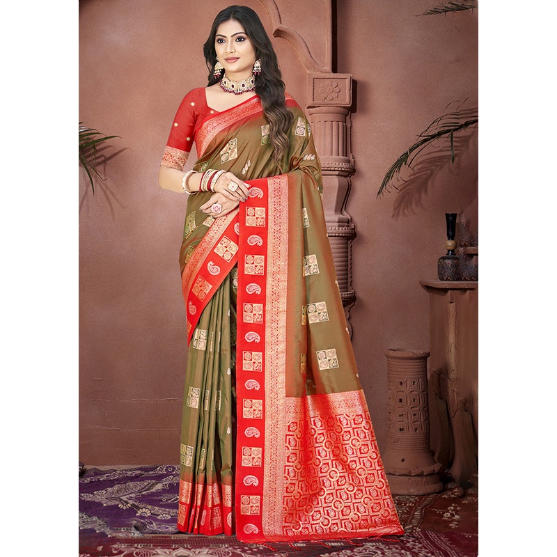Olive Green Spun Silk Saree With Blouse Piece - JD986597440