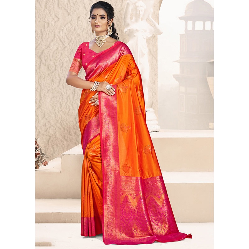 Orange Spun Silk Saree With Blouse Piece - JD986597437