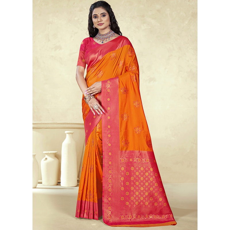 Orange Spun Silk Saree With Blouse Piece - JD986597438