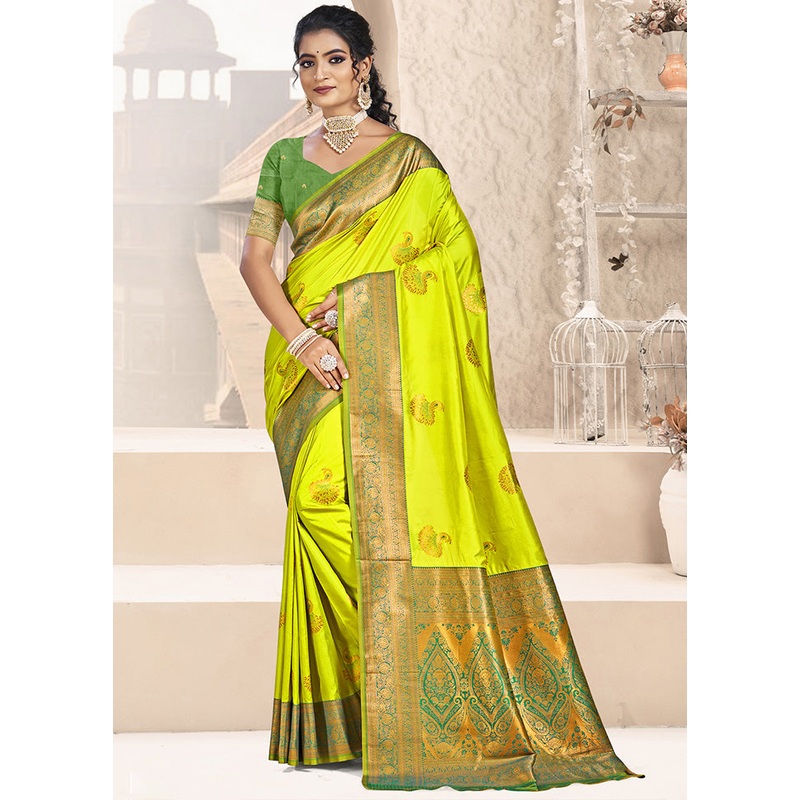 Parrot Green Spun Silk Saree With Blouse Piece - JD986597435