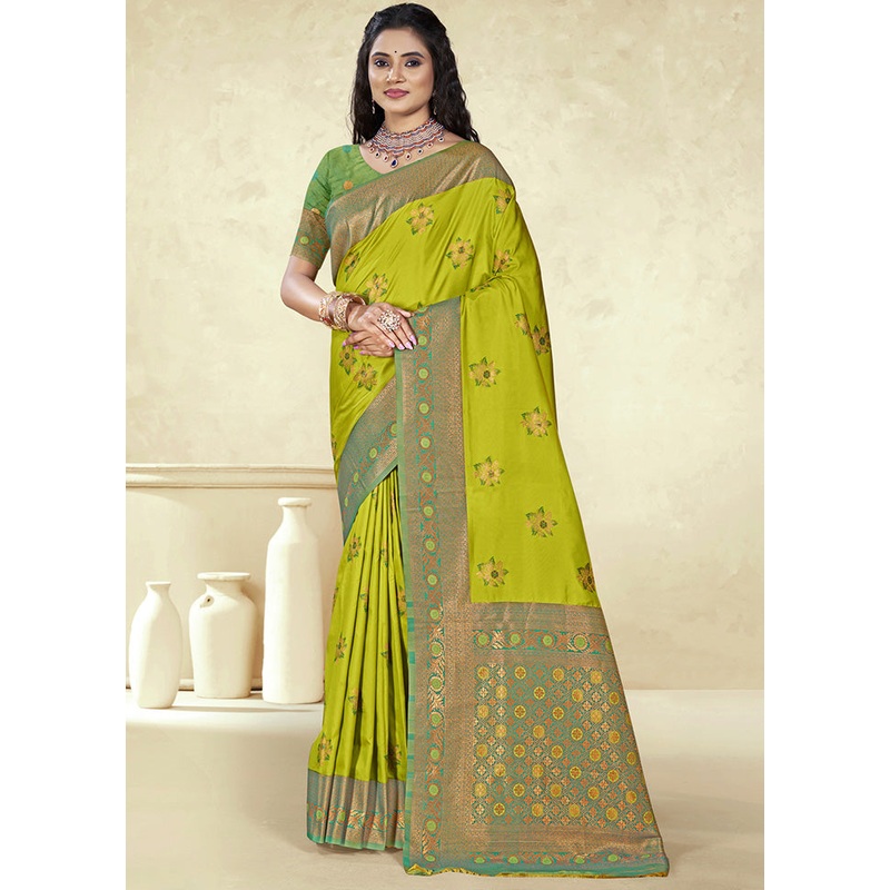 Parrot Green Spun Silk Saree With Blouse Piece - JD986597436