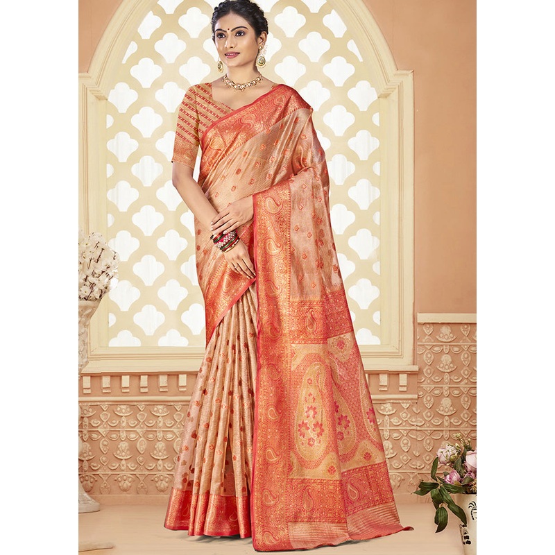 Peach Spun Silk Saree With Blouse Piece - JD986597433