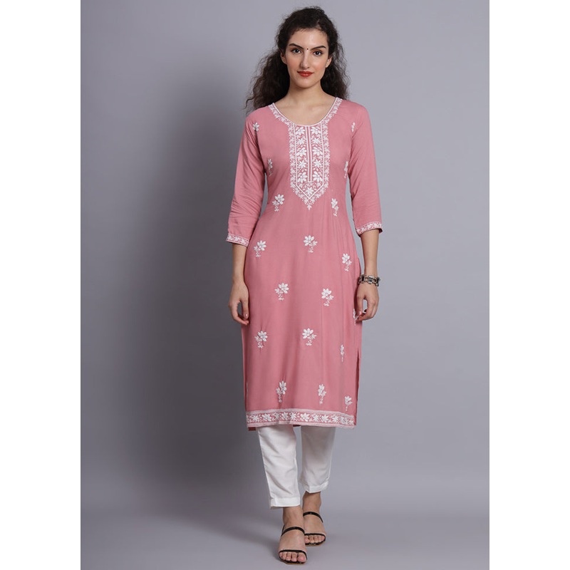 Pink Readymade Rayon Chikankari Kurti - JD986597303