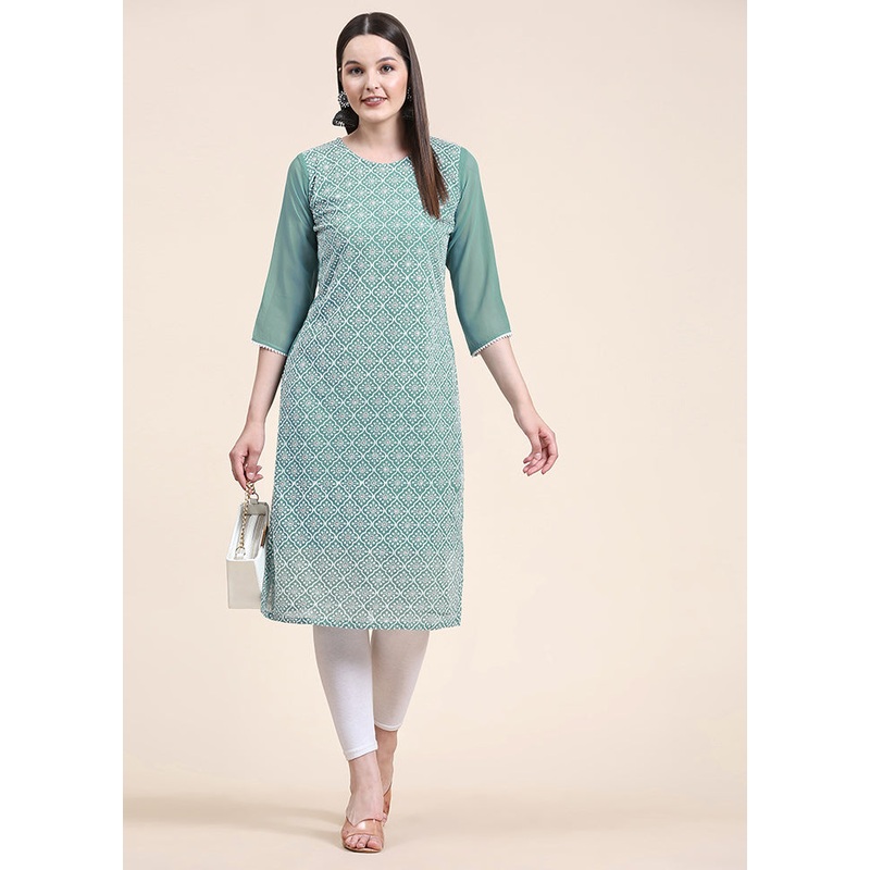 Pista Green Readymade Georgette Kurti - JD986597307