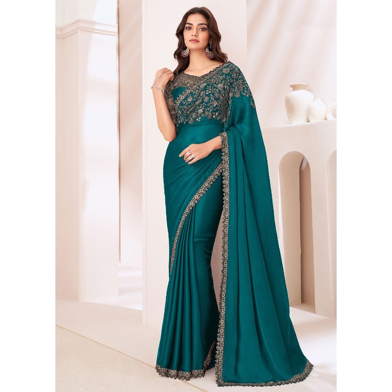 Rama Satin Silk Saree With Blouse Piece - JD986597377