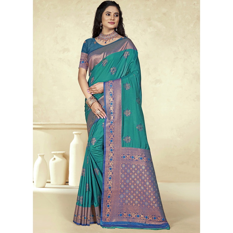 Rama Spun Silk Saree With Blouse Piece - JD986597426