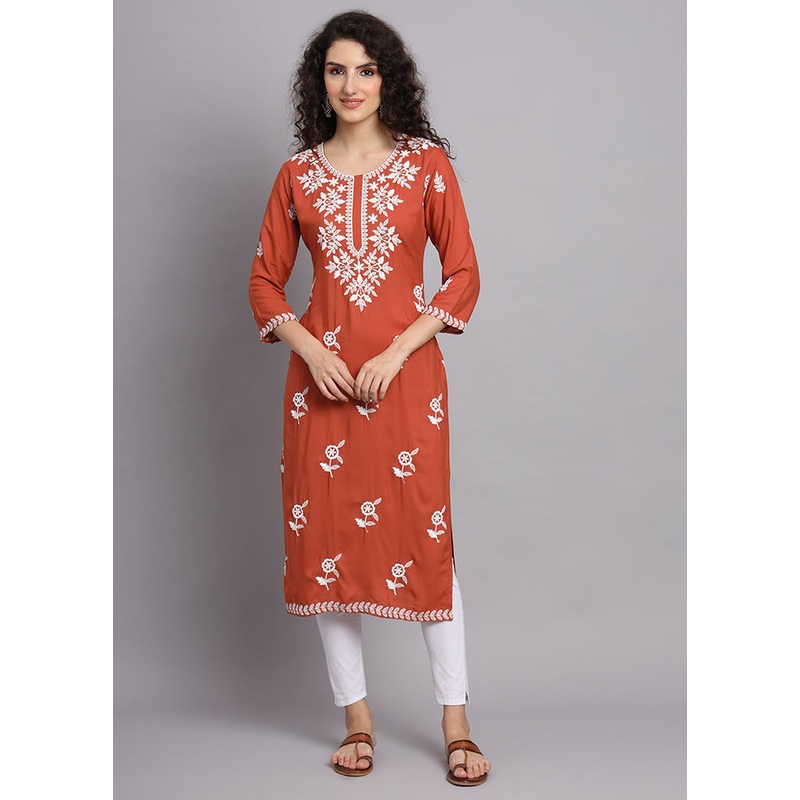 Red Readymade Rayon Chikankari Kurti - JD986597283