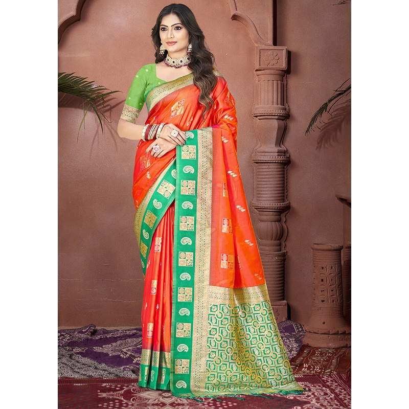 Red Spun Silk Saree With Blouse Piece - JD986597423