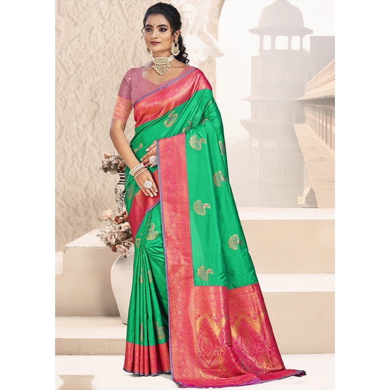 Sea Green Spun Silk Saree With Blouse Piece - JD986597422