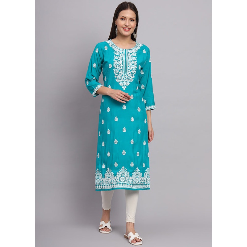 Sky Blue Readymade Rayon Chikankari Kurti - JD986597296