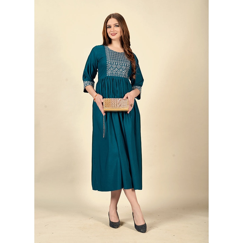 Teal Blue Readymade Cotton Kurti - JD986597335