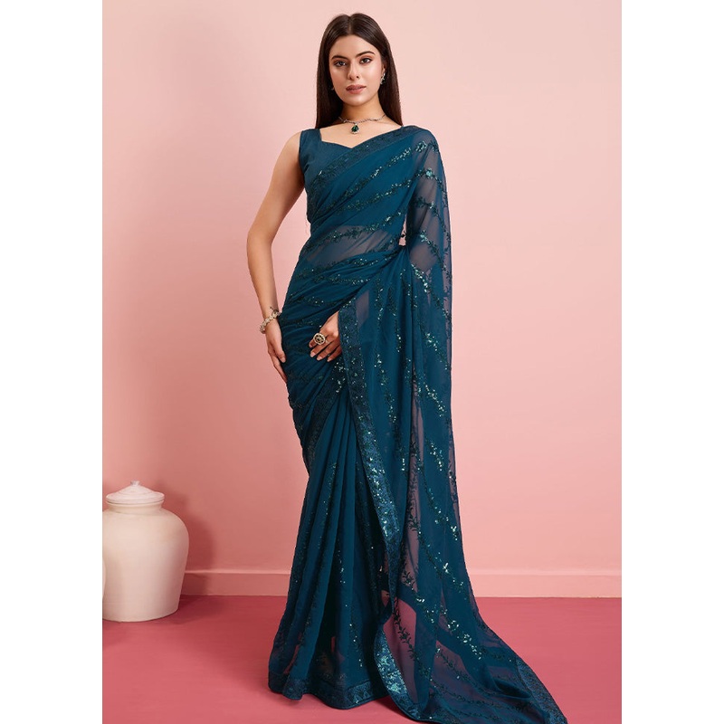 Teal Georgette Saree With Blouse Piece - JD986597376