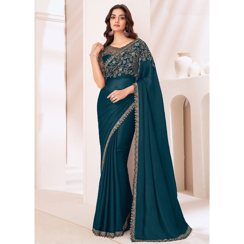 Teal Satin Silk Saree With Blouse Piece - JD986597375
