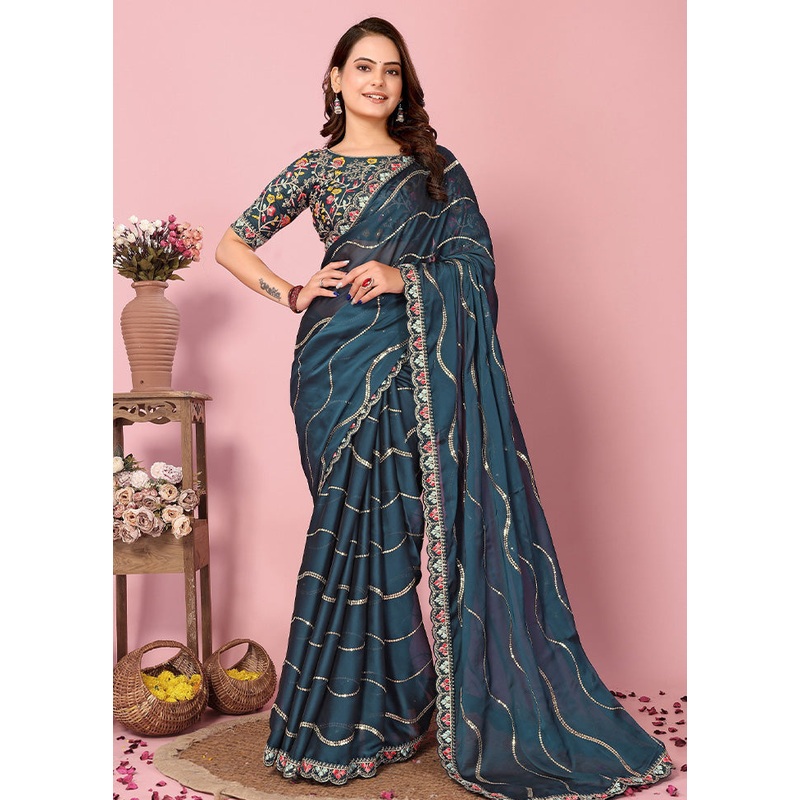 Teal Spun Silk Saree With Blouse Piece - JD986597374