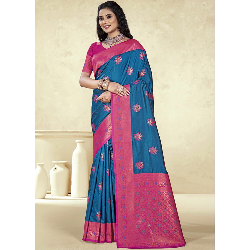 Teal Spun Silk Saree With Blouse Piece - JD986597421
