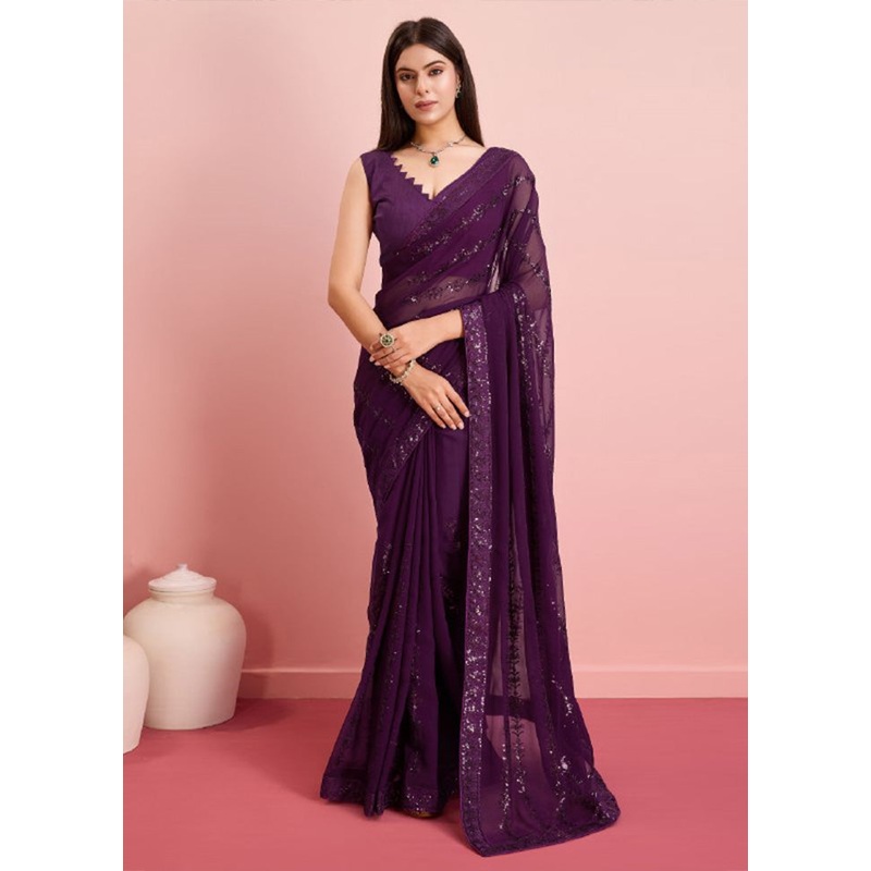 Wine Georgette Saree With Blouse Piece - JD986597373