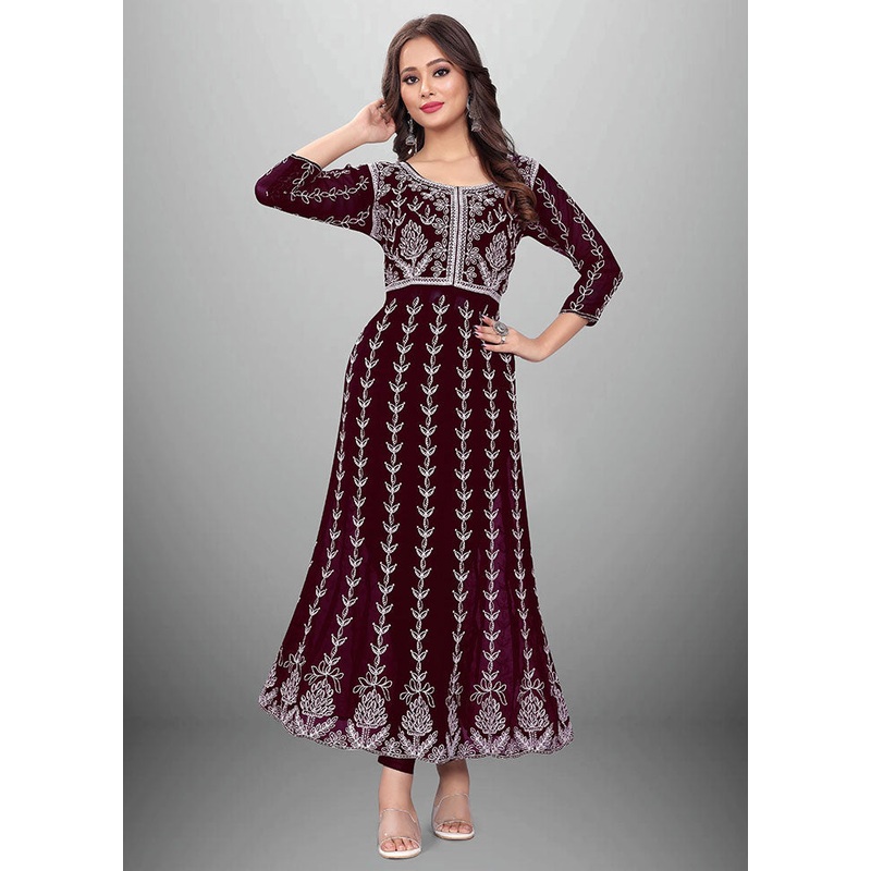 Wine Readymade Georgette Chikankari Kurti - JD986597329