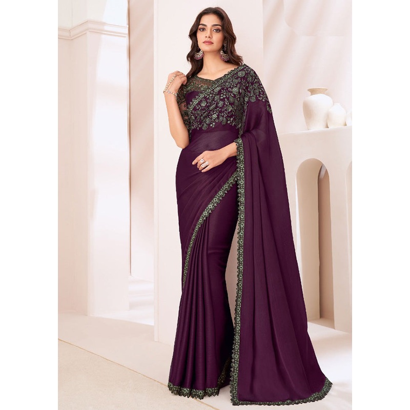 Wine Satin Silk Saree With Blouse Piece - JD986597372