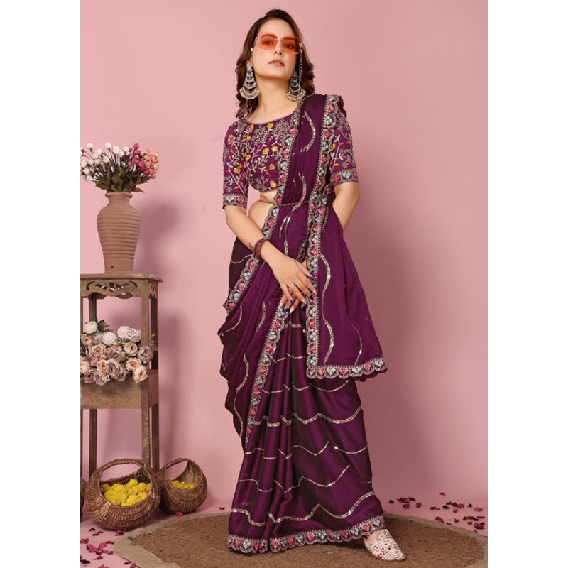Wine Spun Silk Saree With Blouse Piece - JD986597371