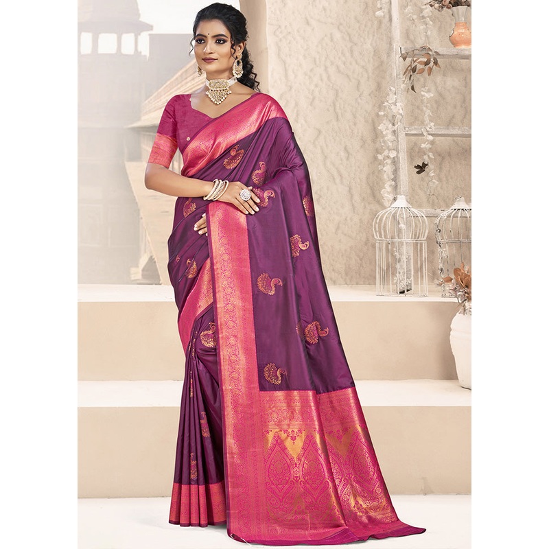 Wine Spun Silk Saree With Blouse Piece - JD986597418