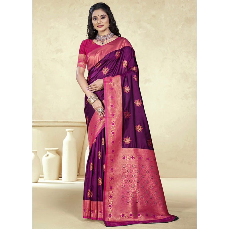 Wine Spun Silk Saree With Blouse Piece - JD986597419