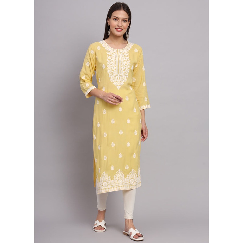 Yellow Readymade Rayon Chikankari Kurti - JD986597297