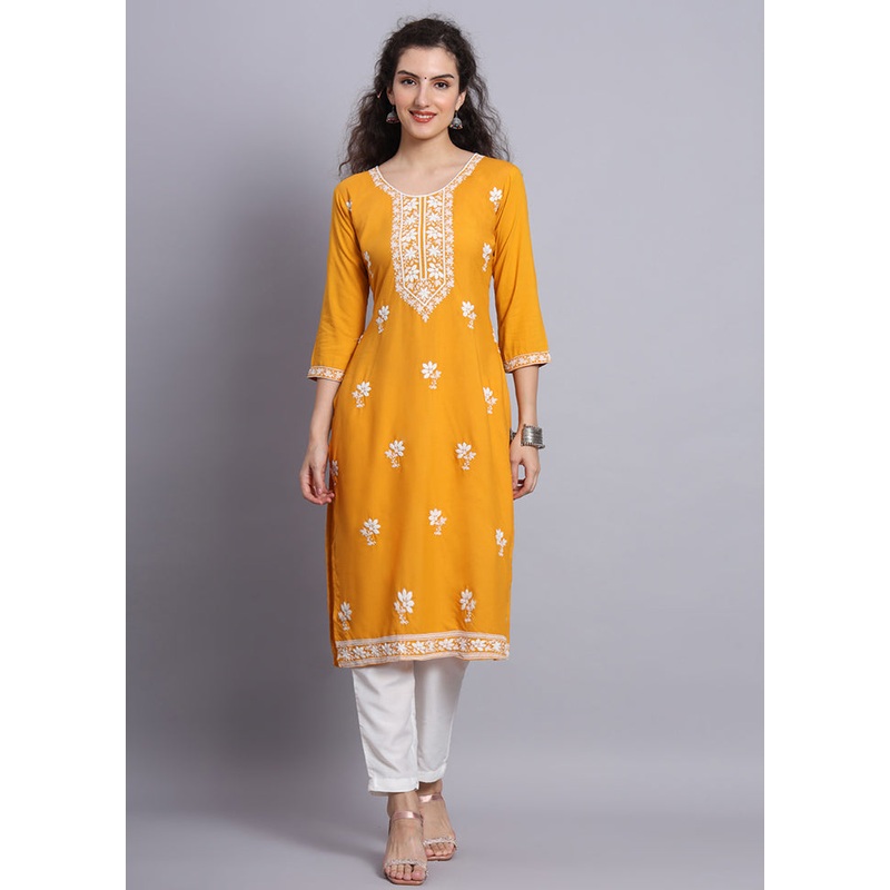 Yellow Readymade Rayon Chikankari Kurti - JD986597299
