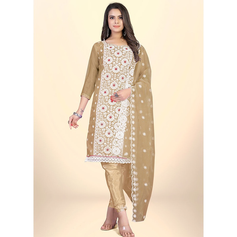 3 Pc Beige Semi Stitched Net Suit Set - JD986597157