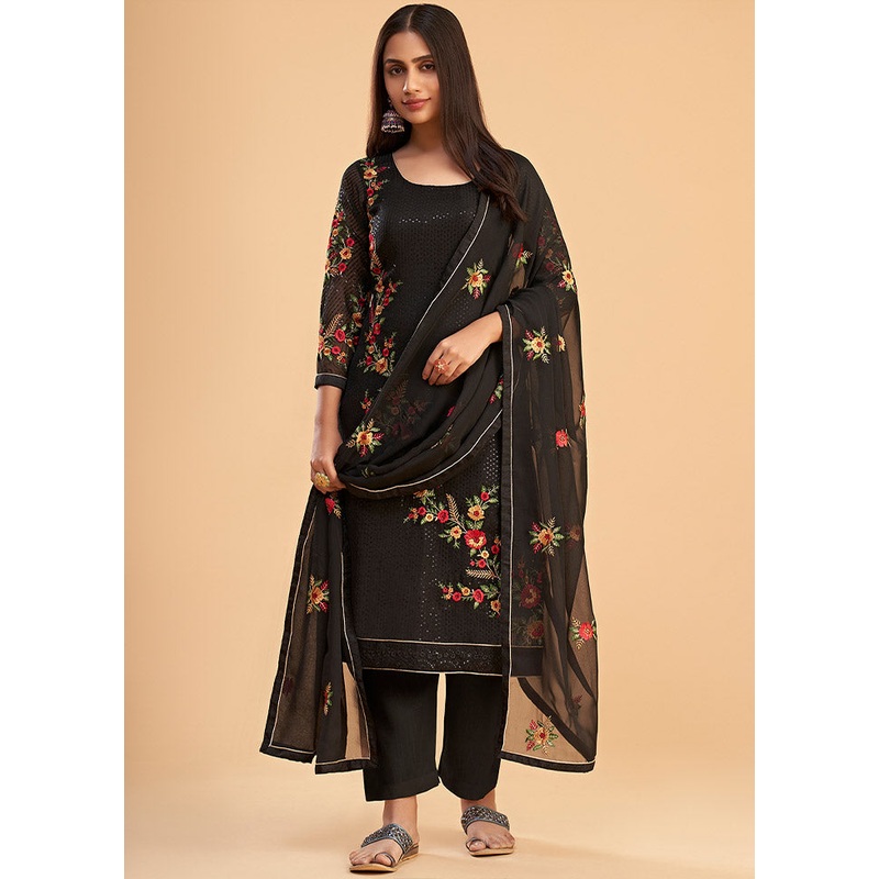 3 Pc Black Semi Stitched Georgette Suit Set - JD986597112