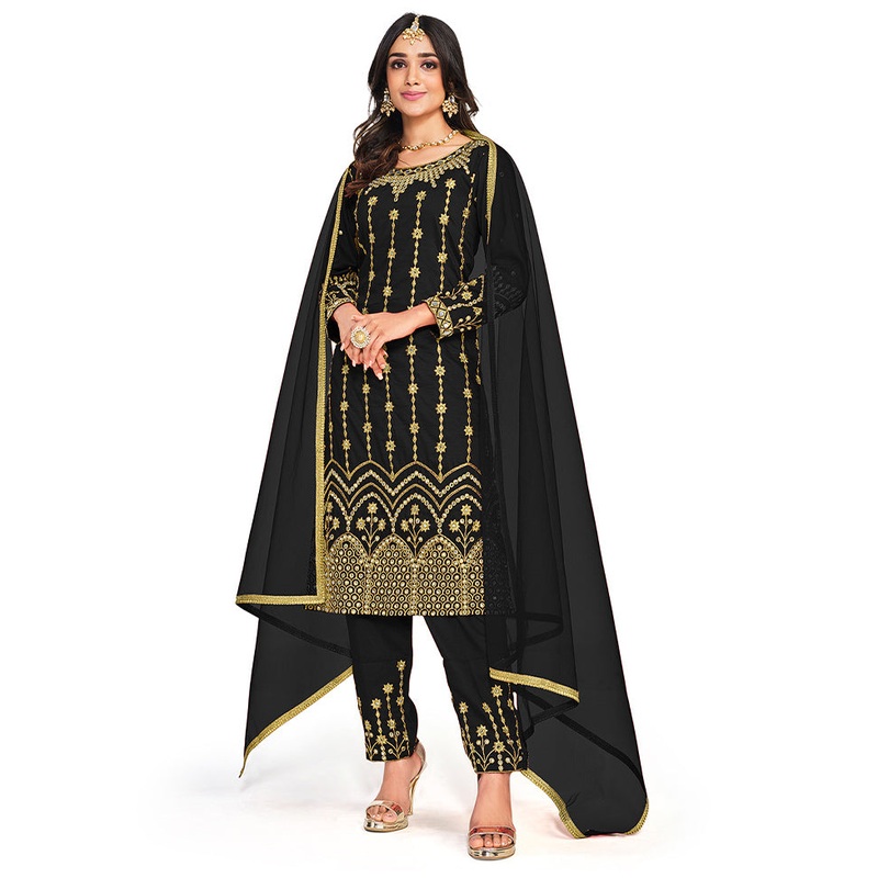3 Pc Black Unstitched Silk Suit Set - JD986597134