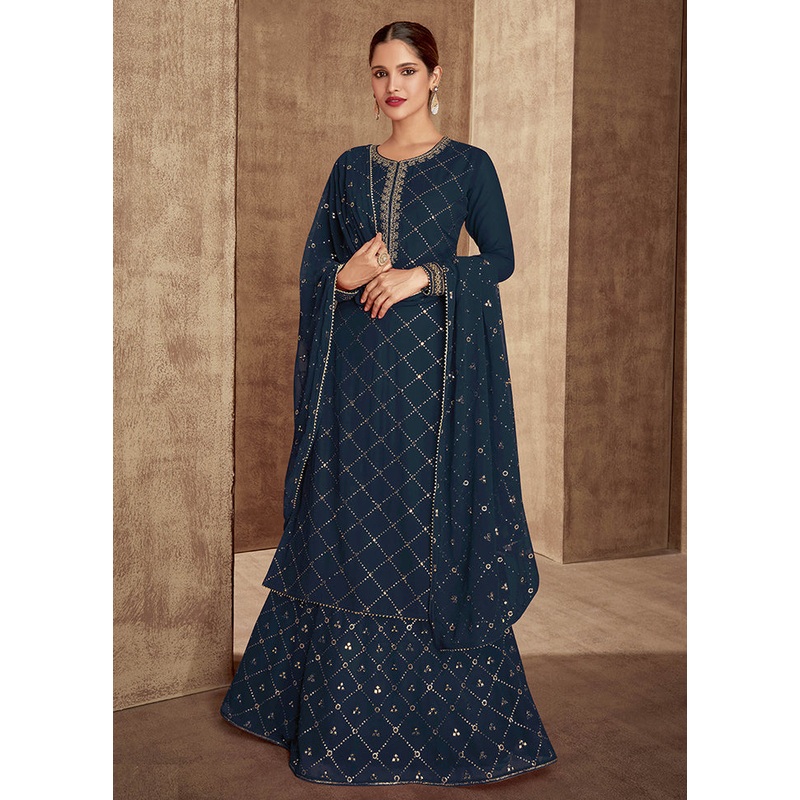 3 Pc Blue Unstitched Georgette Suit Set - JD986597137
