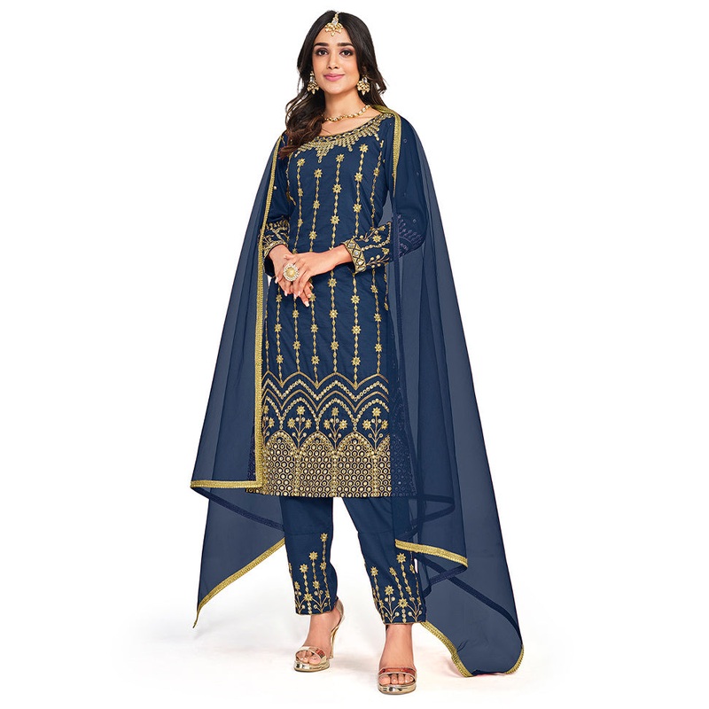 3 Pc Blue Unstitched Silk Suit Set - JD986597133