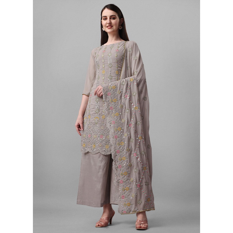 3 Pc Grey Unstitched Georgette Suit Set - JD986597130