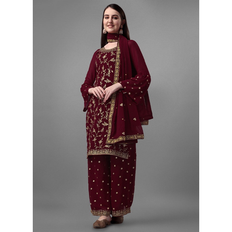 3 Pc Maroon Unstitched Georgette Suit Set - JD986597131