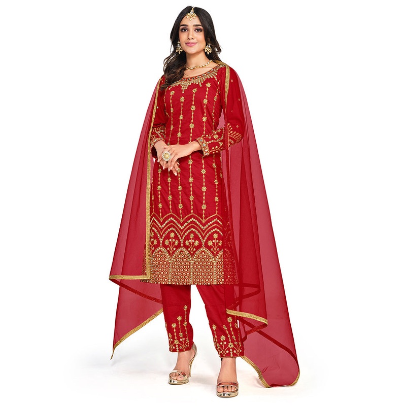 3 Pc Red Unstitched Silk Suit Set - JD986597132