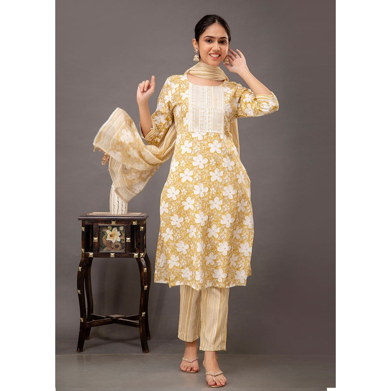 3 Pc Yellow Readymade Cotton Suit Set - JD986597106