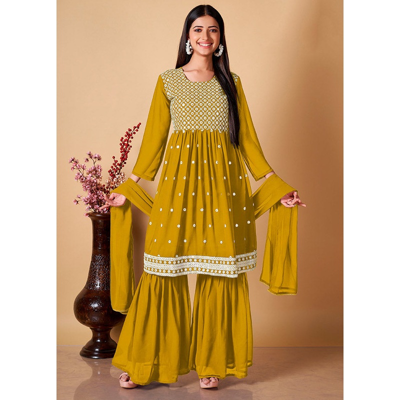 3 Pc Yellow Readymade Georgette Sharara Suit Set - JD986597115