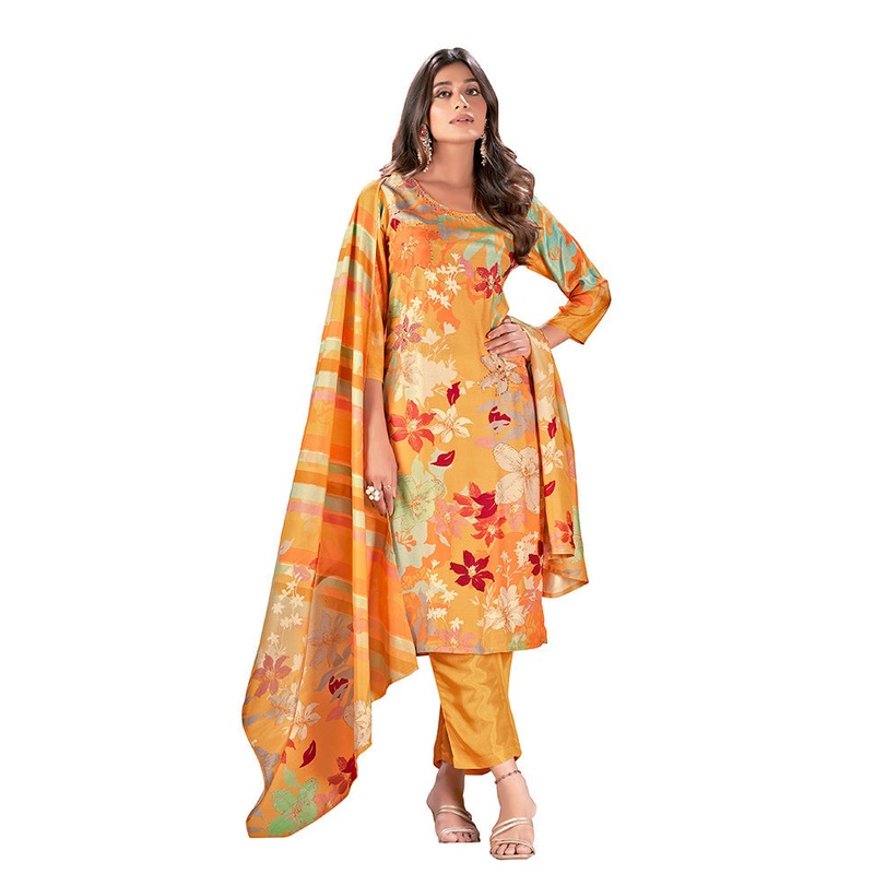 3 Pc Yellow Readymade Silk Suit Set - JD986597207