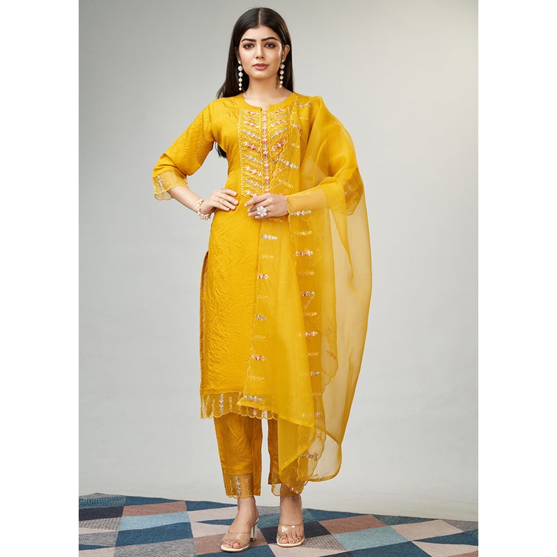 3 Pc Yellow Readymade Viscose Suit Set - JD986597228
