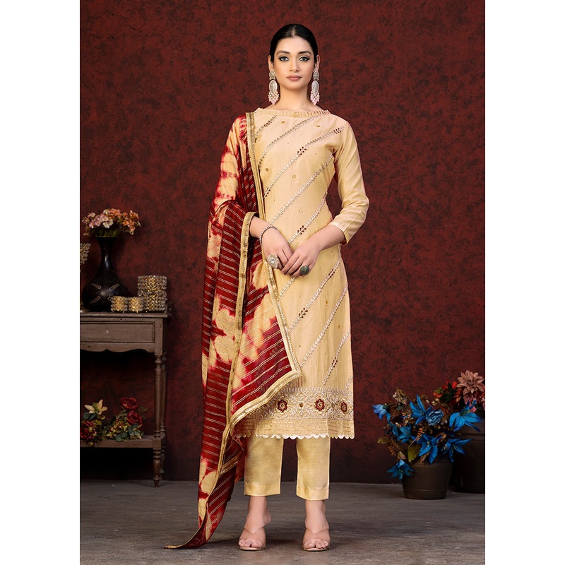 3 Pc Yellow Semi Stitched Chanderi Suit Set - JD986597161