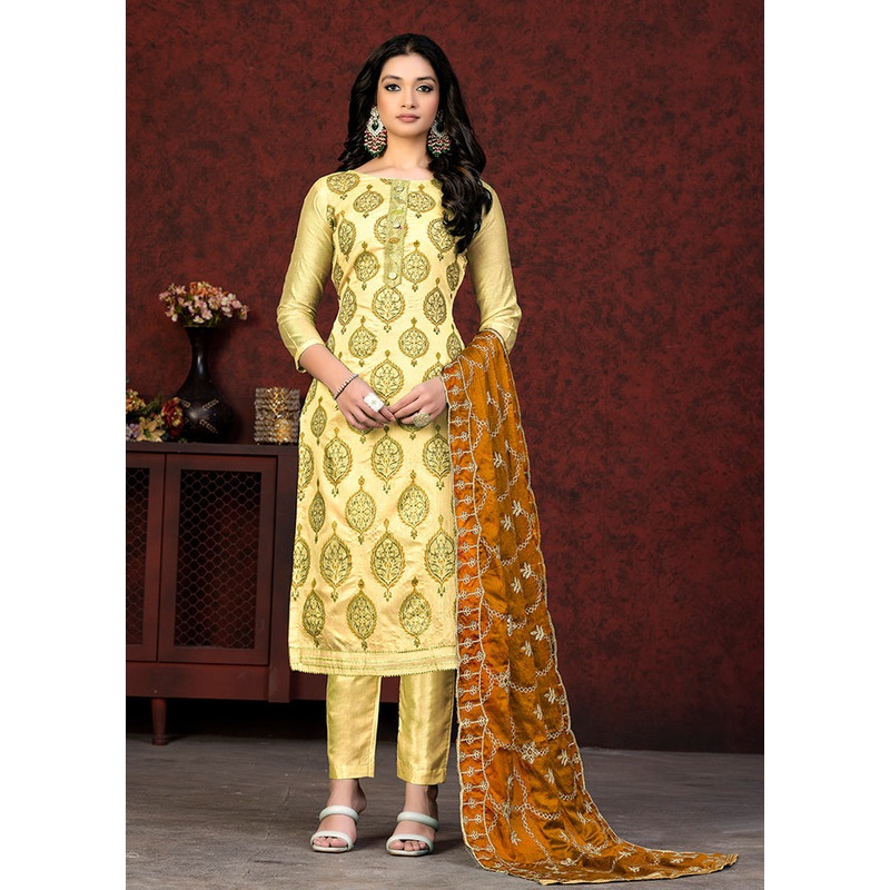 3 Pc Yellow Semi Stitched Chanderi Suit Set - JD986597162