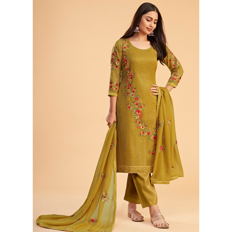 3 Pc Yellow Semi Stitched Georgette Suit Set - JD986597113