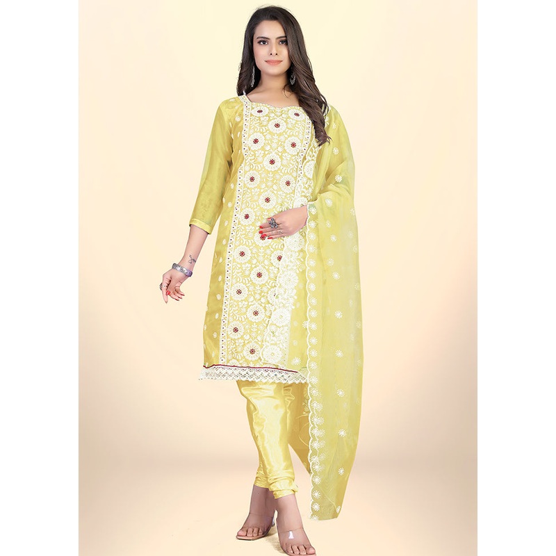 3 Pc Yellow Semi Stitched Net Suit Set - JD986597154