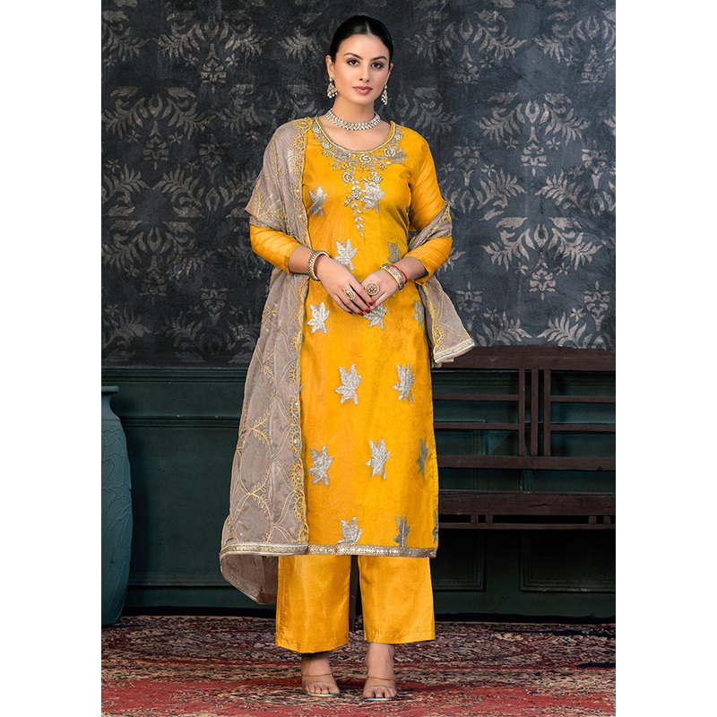3 Pc Yellow Semi Stitched Organza Suit Set - JD986597096
