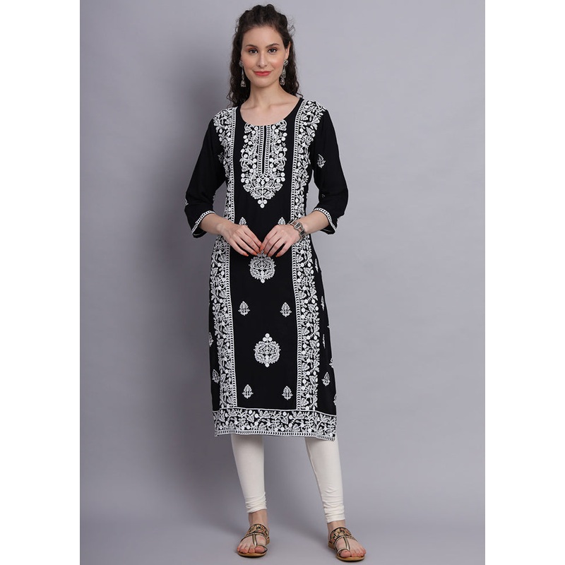 Black Readymade Rayon Chikankari Kurti - JD986597255
