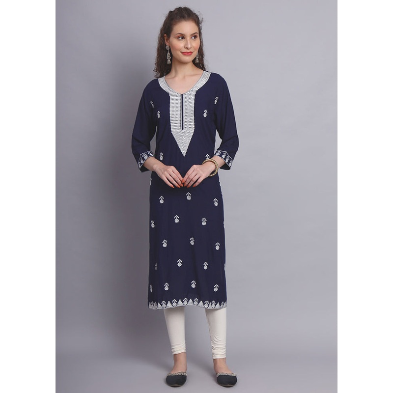Blue Readymade Rayon Chikankari Kurti - JD986597240