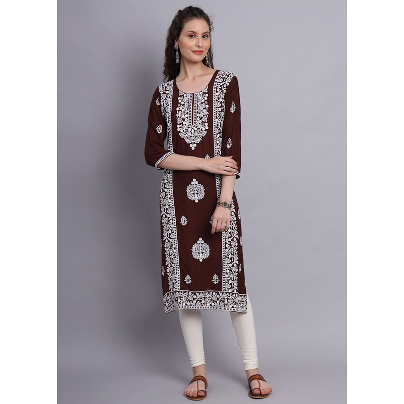 Coffee Readymade Rayon Chikankari Kurti - JD986597252