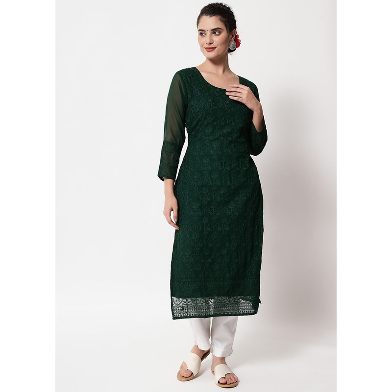 Green Readymade Georgette Chikankari Kurti - JD986597192